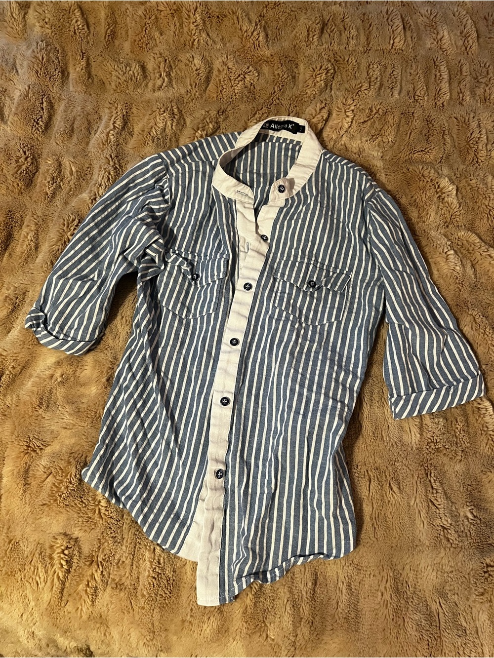 Casual Blue & White Striped Button-Down Shirt by Allegra K